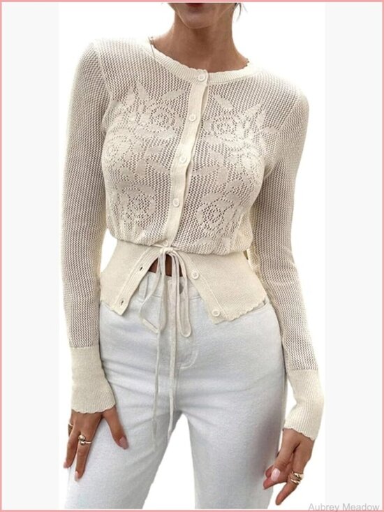 Sweaters - Button Up Cardigan Sweater Hollow Out Flower Knit Slim Fit